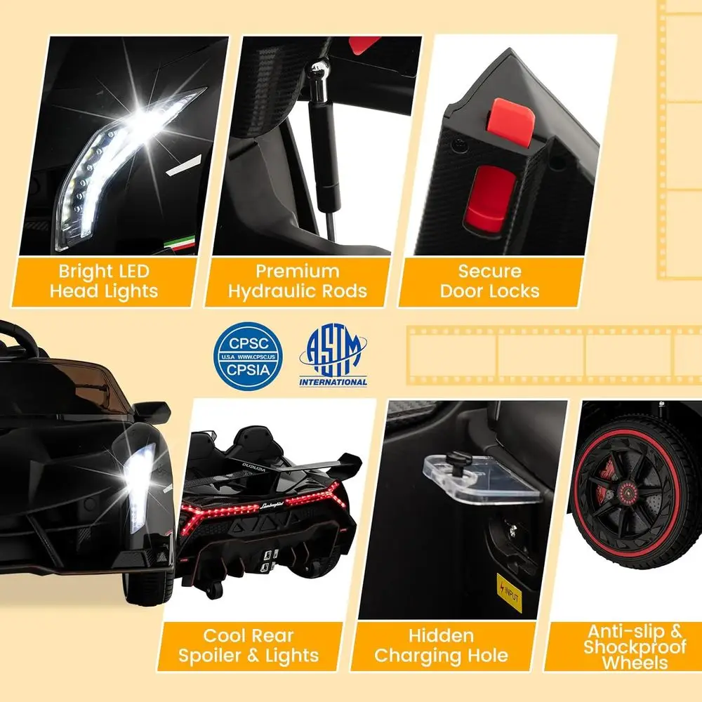 Ride on Car, Lamborghini Licensed 12V Battery Powered 4WD Sports Car with Remote Control, 3 Speeds, Hydraulic Doors,Black