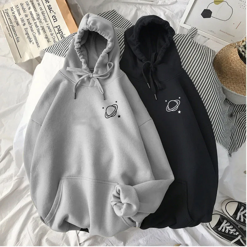 The New 8 Colors Sweatshirts Velvet Winter Women\'s Cute Saturn Printing Hooded Female 2020 Thicken Warm Hoodies Lady Autumn Tops