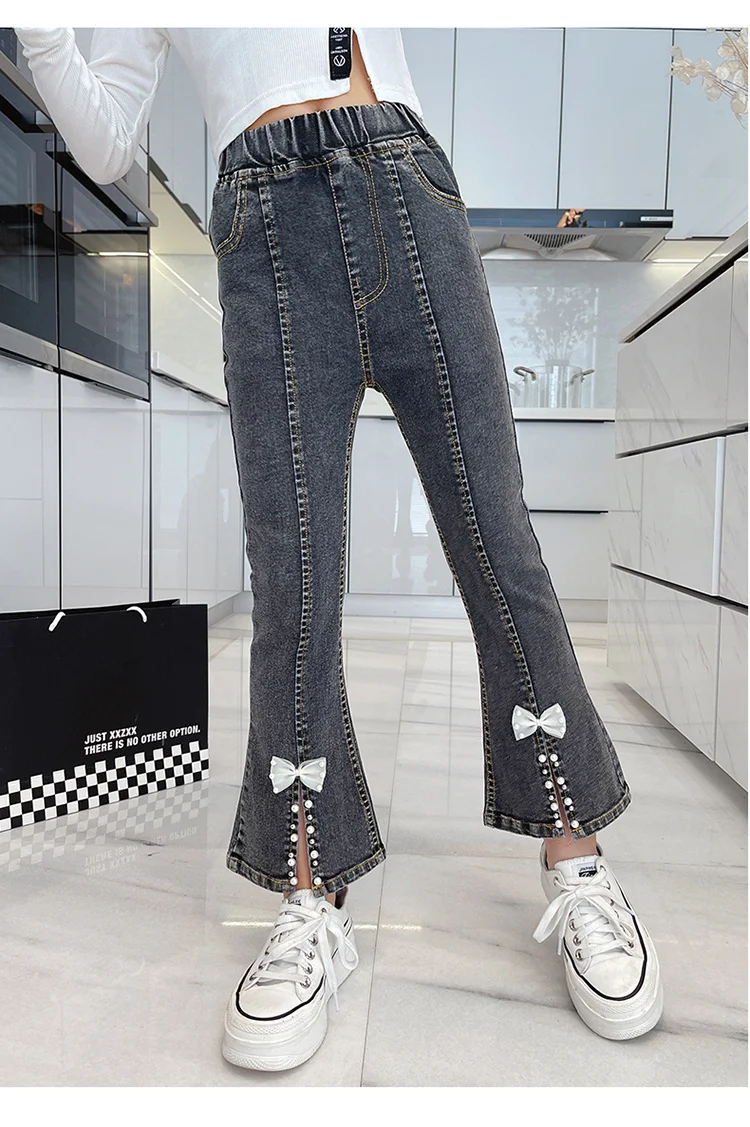 Elegante Kinder-Jeans mit Schlitz und Perlen für Mädchen, schmal geschnittene Denim-Hose mit Schleife, Kinderhose mit Schleife, Größe 5 6 7 8 9 10 11 12 13 14 – Detail 6