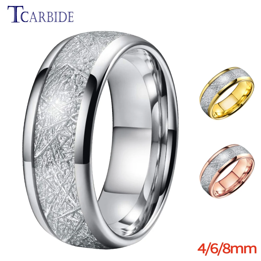 4MM 6MM 8MM Men Women Tungsten Engagement Wedding Band Bright Meteorite Inlay Valentine\'s Day Gift Jewelry Comfort Fit