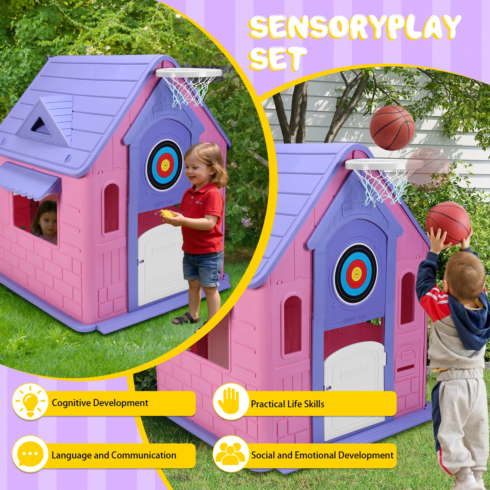

Kids Playhouse with Basketball Hoop Dartboard Indoor/Outdoor Playset Garden Games Cottage for Toddlers