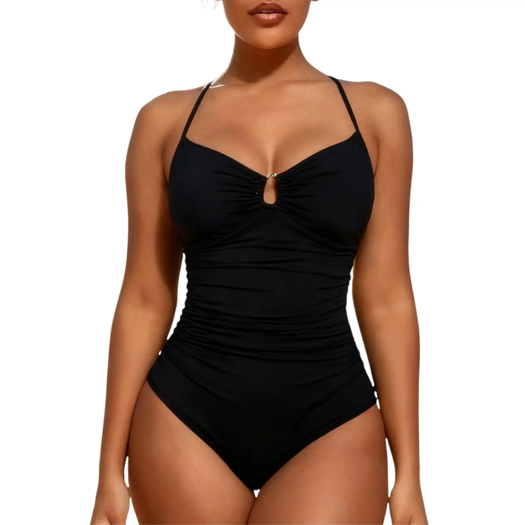 

New European American Solid Color Slimming One Piece Swimsuit for Women with Double Straps