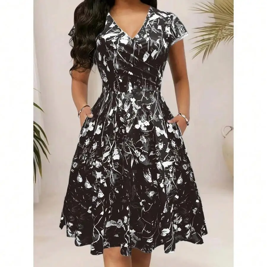 

V-Neck Midi Dress With Pockets Floral Print Spring Summer Autumn Elegant