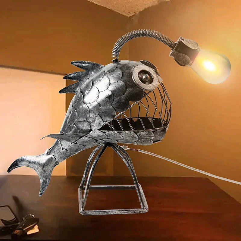 Vintage Angler Fish Desk Lamp Shark Shape Night Light USB Metal Art Lantern Ornament Bedroom Home Table Decoration for Gift