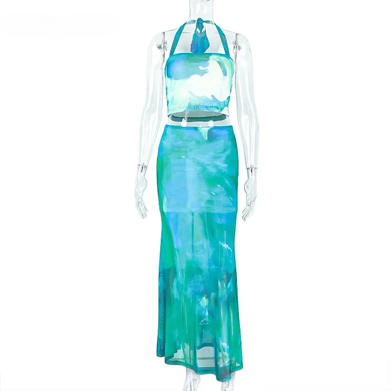 BWQ Tie Dyeพิมพ์ชายหาดBohoผู้หญิงชุดสายคล้องคอเสื้อแขนกุดและกระโปรงยาว 2 ชิ้นชุด 2025 ฤดูร้อนชุด