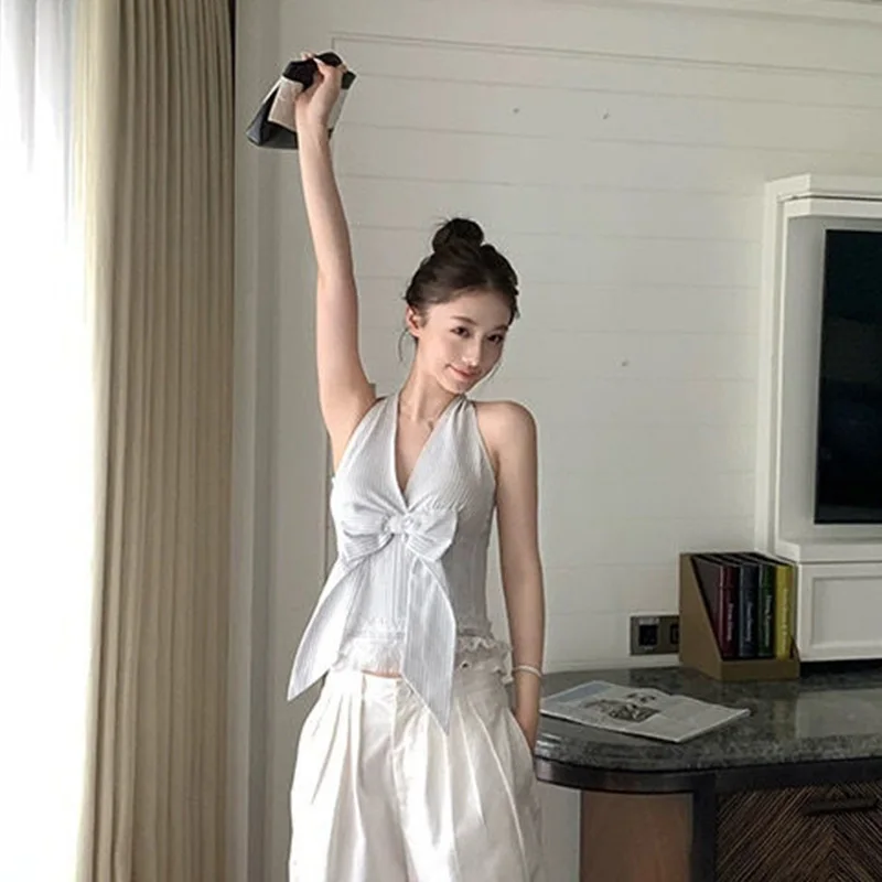 Chaleco coreano de retazos de encaje a rayas para mujer, Top con espalda descubierta y lazo de verano, estilo pijo Harajuku Chic, camisetas sin mangas sexis con diseño que combinan con todo
