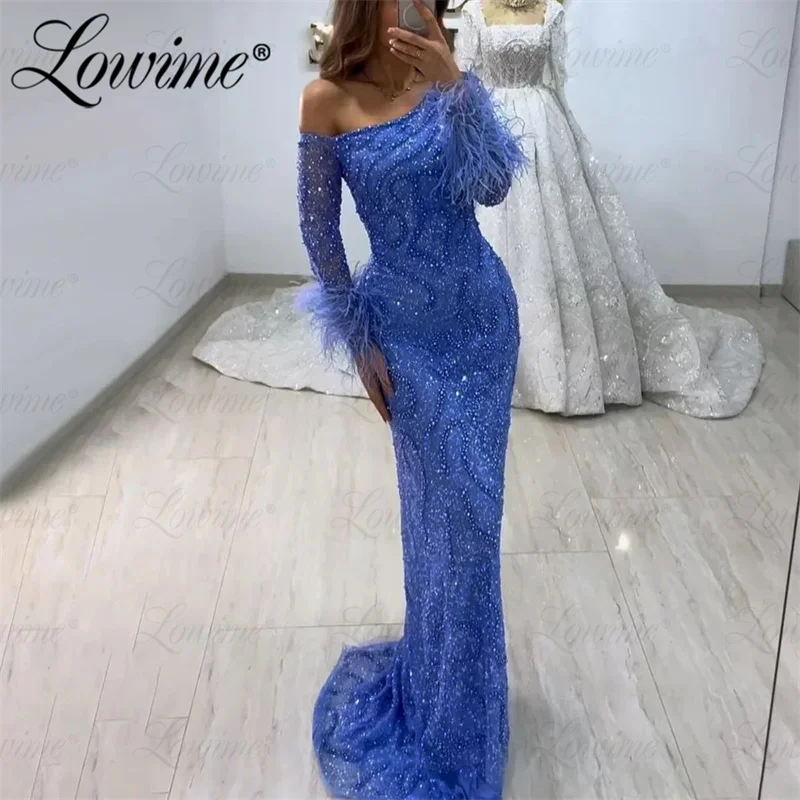 Lowime Blue Mermaid Elegant Off The Shoulder Beaded Feathers Women Evening Dress Gown for Wedding Party 2024 Long Prom Dresses