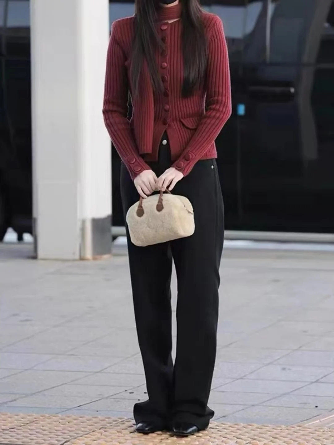 

Вязаный свитер цвета красного вина, женское утягивающее пальто, универсальный весенний модный мягкий длинный свек, круглый топ Ne Top