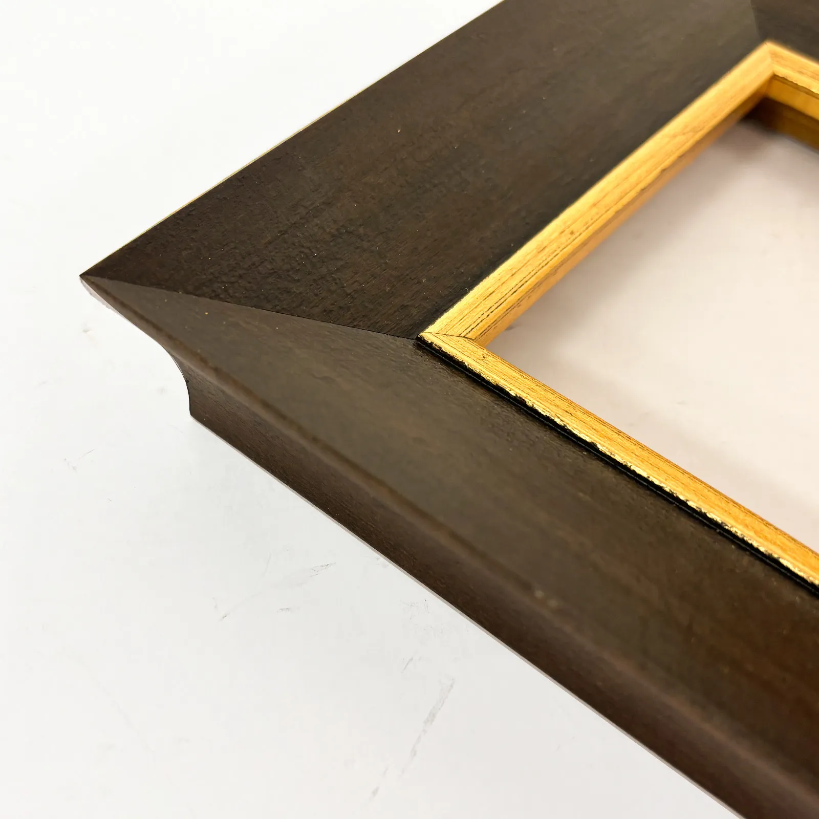 4cm Antique Dark Brown Wood Picture Frame with Gilded Gold Inner Lip, Wide Bevel Recessed Frame for Prints, Landscape Art & Rust