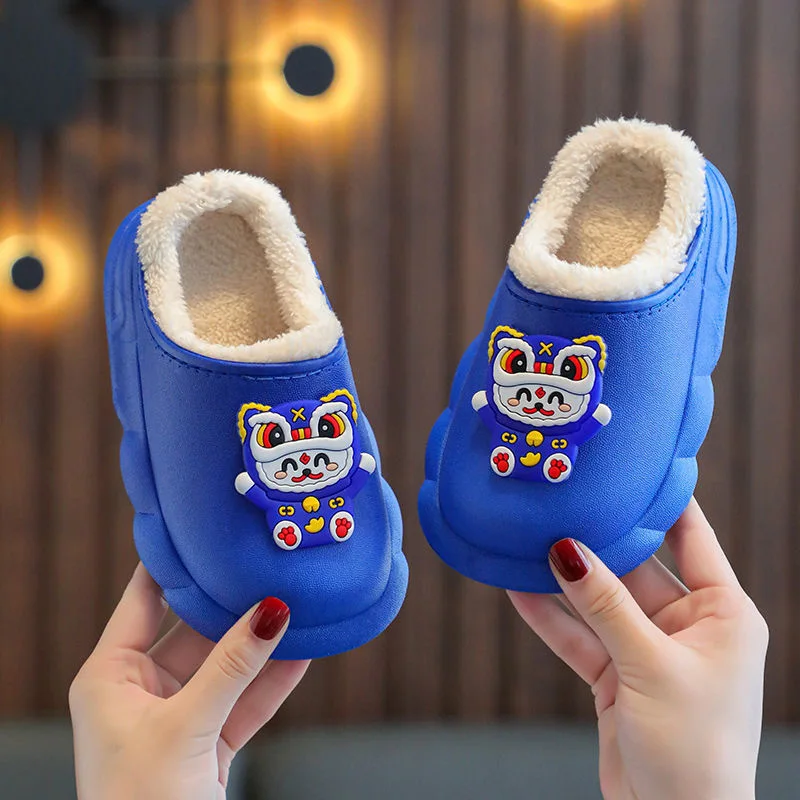 Winter Cartoon Boys Girls Slippers PVC Waterproof Soft Children Slippers Warm Plush Anti Slip Kids Home Shoes