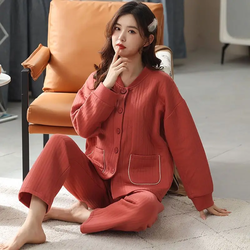 2023 New Autumn Winter Pajamas Women's Pure Cotton Interlayer Loungewear Thickened Mom Nightwear Long Sleeve Sleepwear Set 4XL