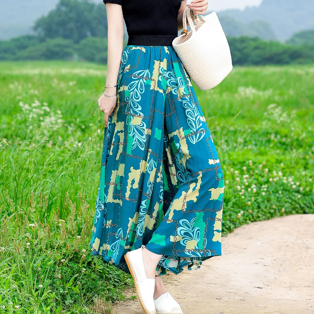 Summer Women Pants Wide Leg Pants Ankle-length Trousers Print Elastic Waist Loose Casual Pockets Pleated Mid Broadcloth