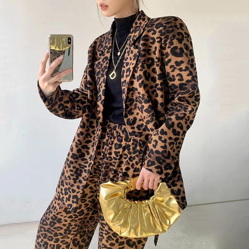 TWOTWINSTYLE Temperament Two Piece Set For Women Notched Collar Long Sleeve Blazer High Waist Wide Leg Pant Leopard Sets Female