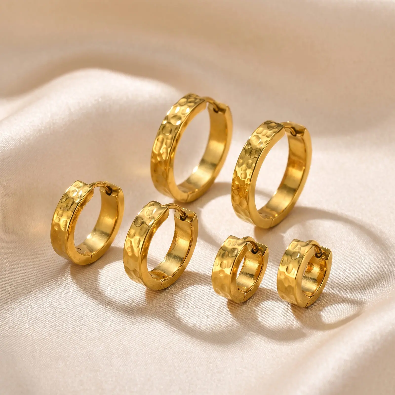 Hammered Hoop Earrings for Women, Waterproof Stainless Steel Huggie Hoops, 12mm 16mm 20mm Textured Everyday Jewelry