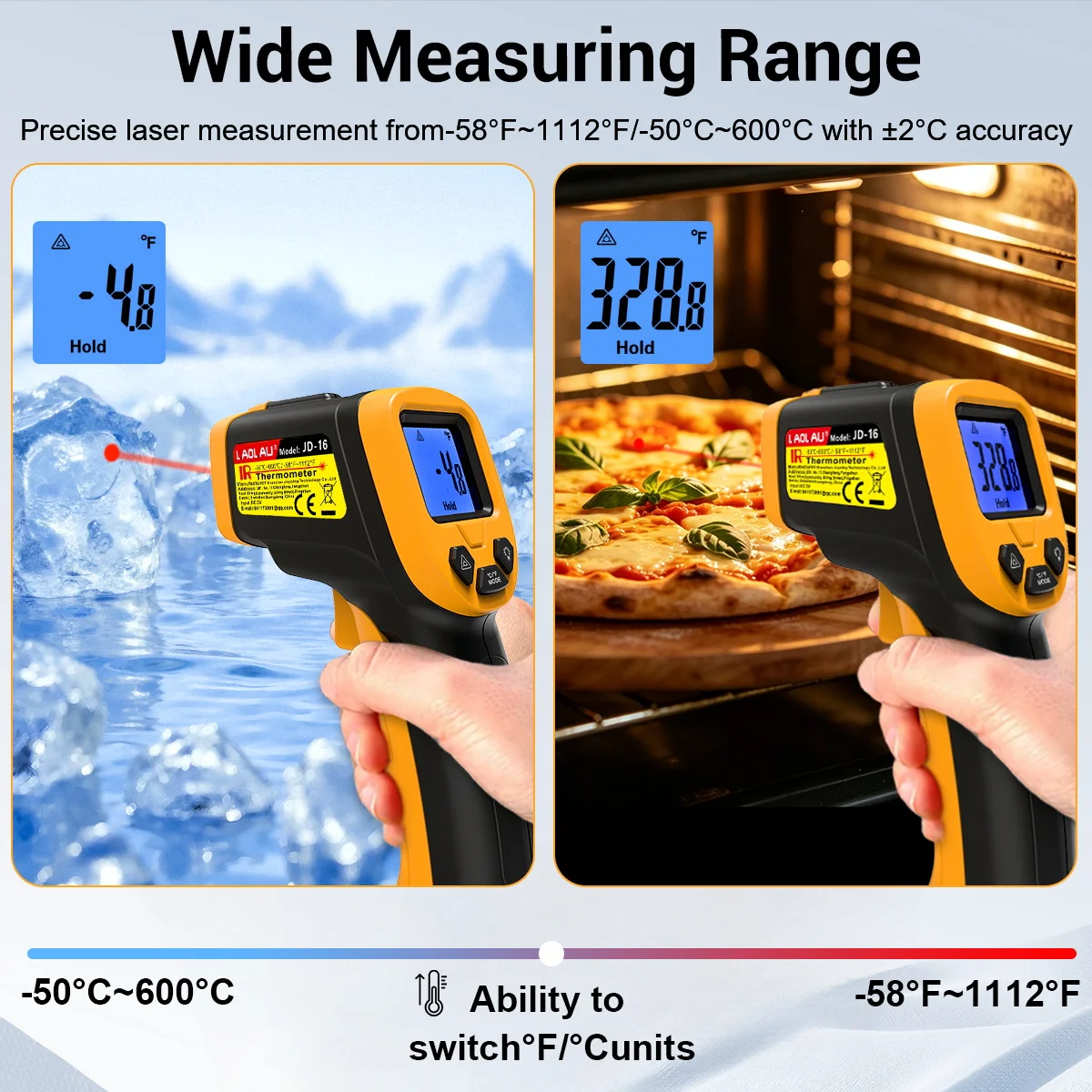 LAOLAU JD 16 Infrared Thermometer Gun 600C 1112F Non Contact Laser Temperature Meter 0.5s 12 to 1 Adjustable Emissivity BBQ HVAC