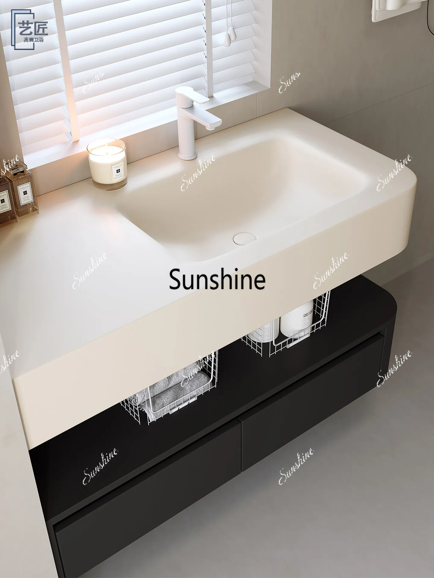 Integrated basin minimalist rounded corner bathroom cabinet combined bathroom hand washing customization
