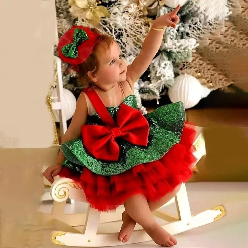 Christmas banquet elegant evening dress bow cute red and green sequin party stage performance girl princess dress