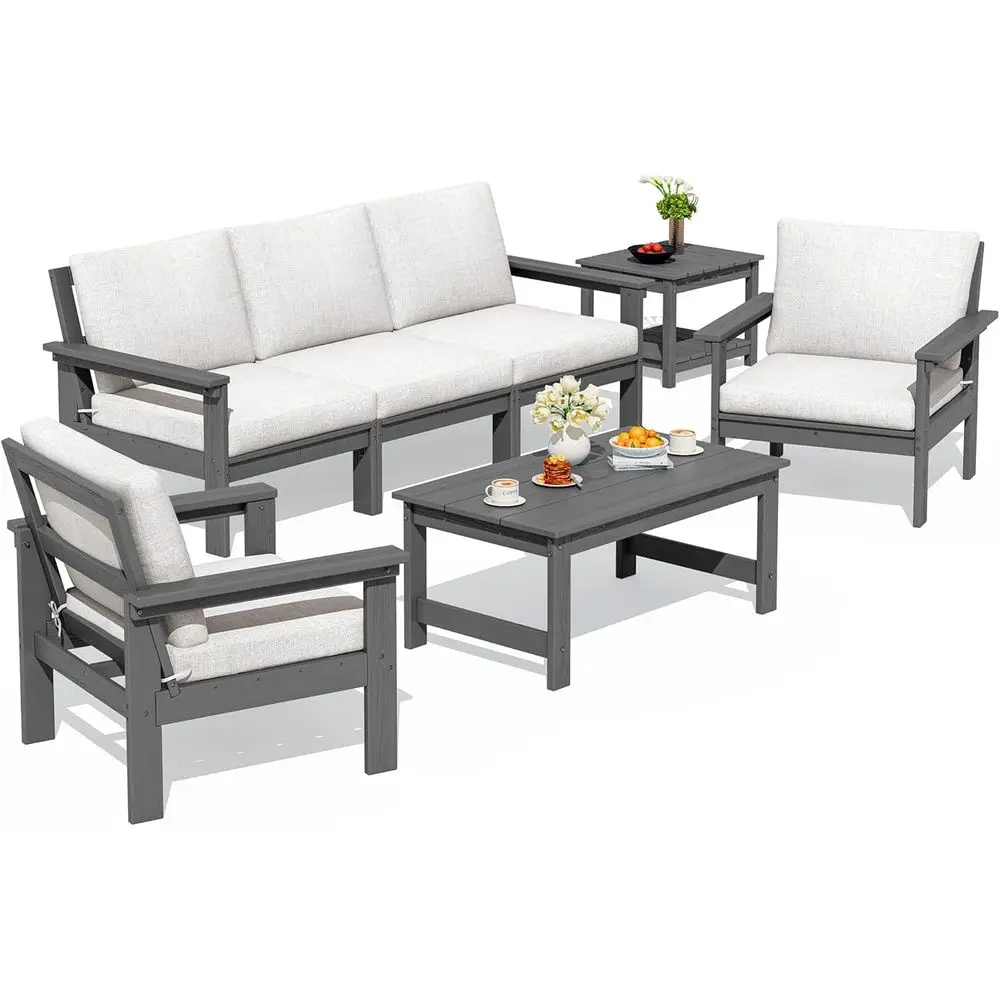 

7-Piece Grey Outdoor Sectional Sofa Set with All-Weather Khaki Cushions