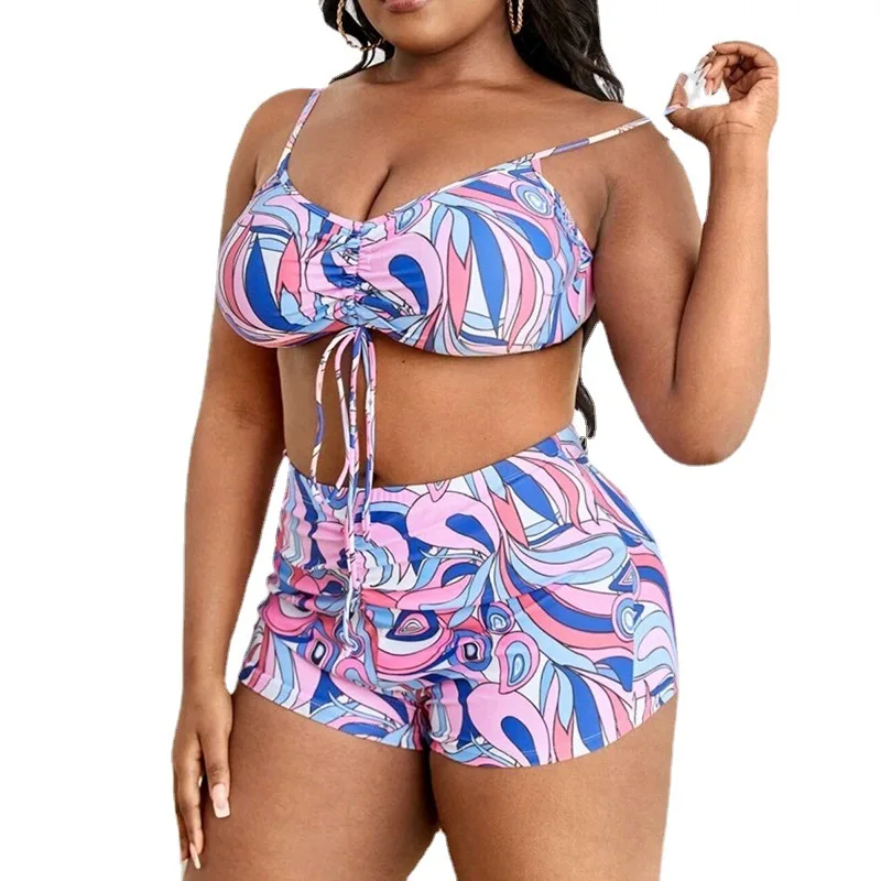 Cikini-3-Piece Swimsuit for Women, Long Print Blouse, Drawcord Corset, High Waist Swimwear, Summer Beach Bikinis Set