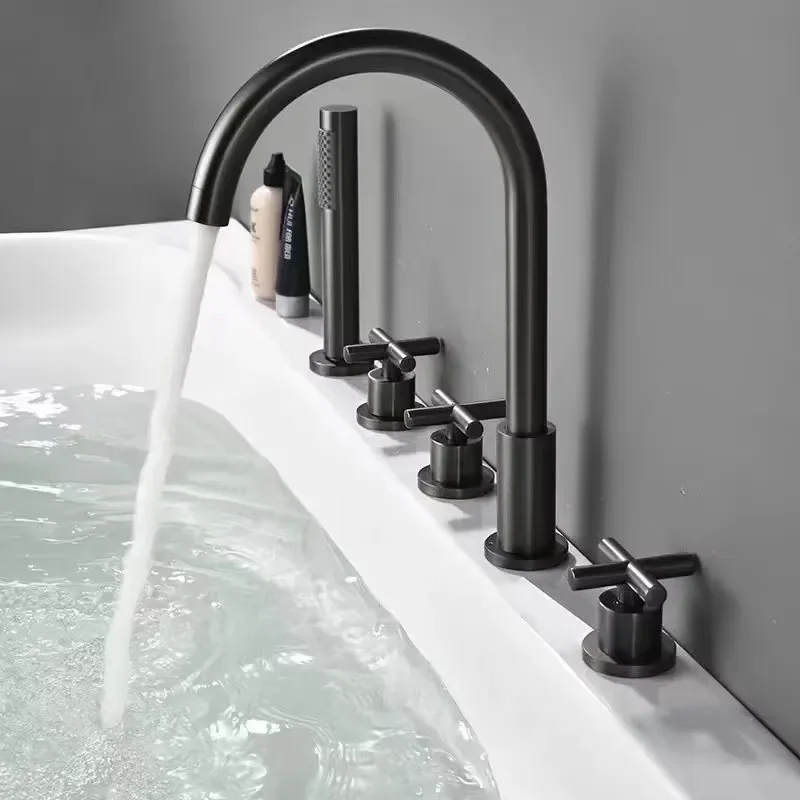 New Design Contemporary European Chrome Brass Metered Spray Deck Mounted 5 Holes Mixer Bathtub Faucet Set for Bathroom