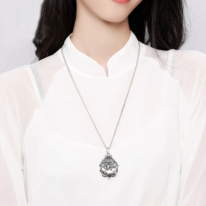 Retro Avalokitesvara Pendant Men Jewelry Maitreya Buddha Necklace Male Amulet Lotus Statue Necklaces Lady