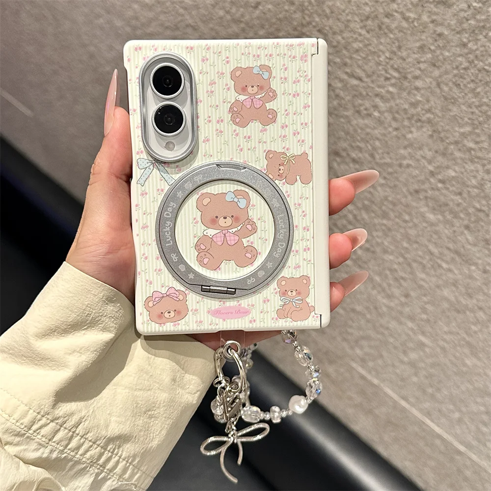 Cute Floral Bow Bear Phone Case For Samsung Galaxy Z Fold 8 Rotatable Ring Stand With Crystal Bead Chain Shockproof Hard Shell