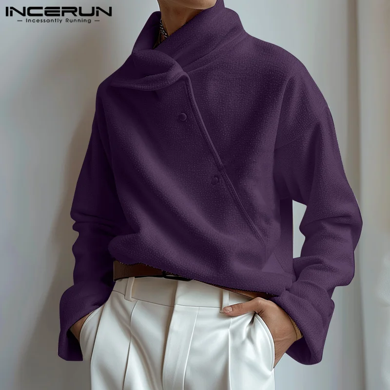 2024 INCERUN Men American Style Deconstruction Hoodies Skew Collar Design Solid Color Sweatshirts Elegant Long Sleeve  Pullovers