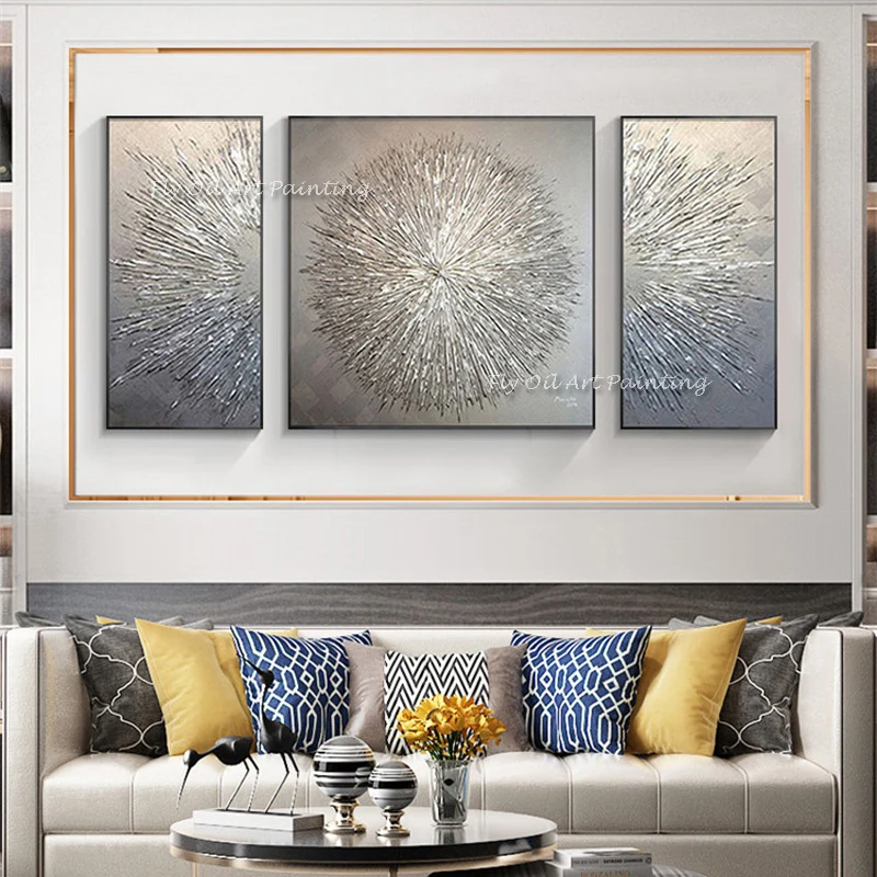 Abstract Large Sizes 100% Handmade 3 Panels Silver Line Thick Oil Painting Modern Canvas Wall Art Living Room Decor