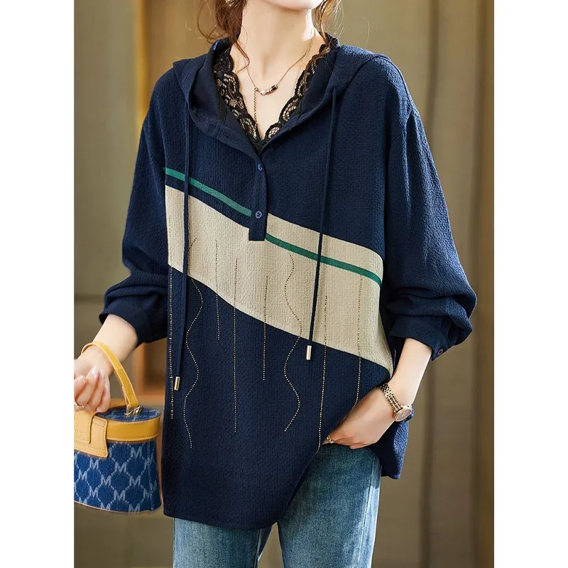 Korean Fashion Contrast Color Patchwork Hooded Tops Women's Clothing Autumn Loose Casual Lady Long Sleeve Diamonds Pullovers