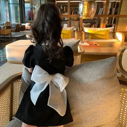 Girl Big Bow Backless Dresses Kids Summer Turn-down Collar Gown Children Cute Vestidos 2024 Teenager Trends Preppy Style Clothes