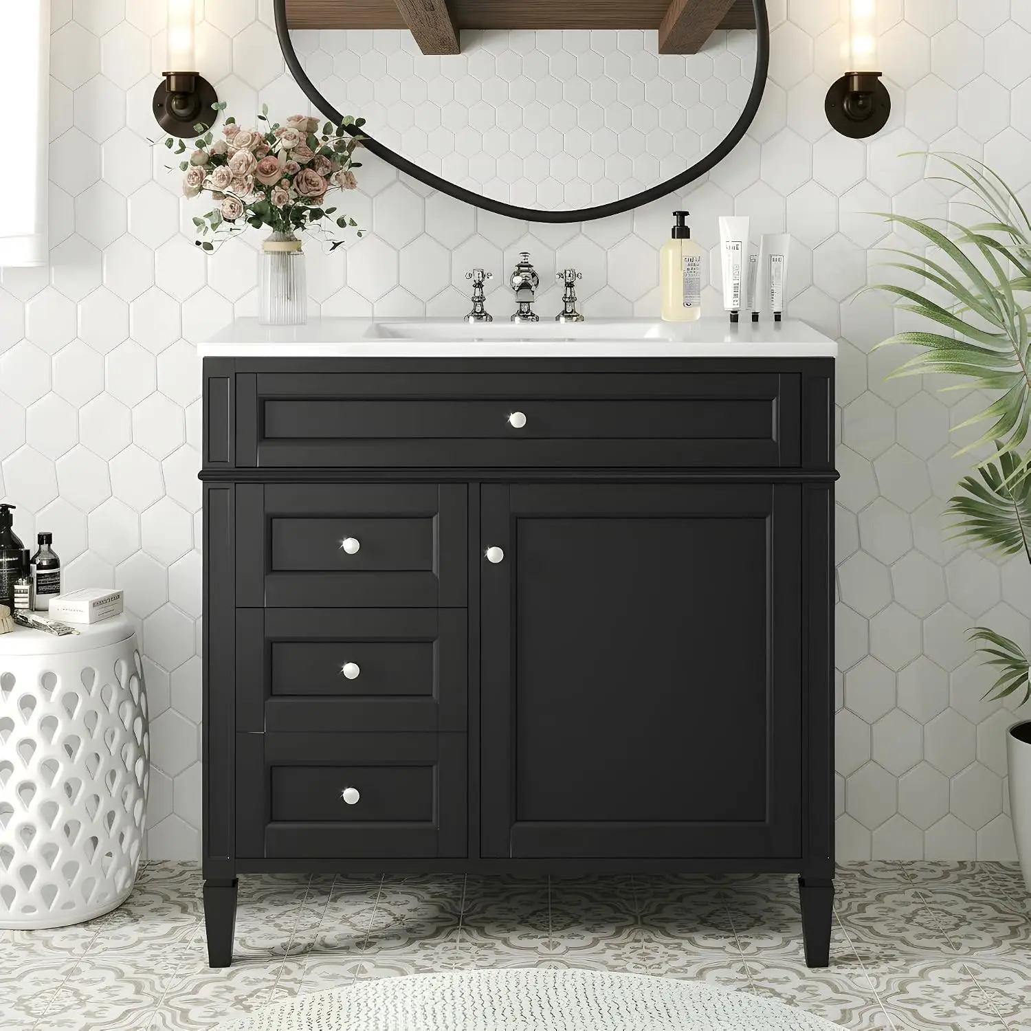 Bathroom Vanity Storage Cabinet with 2 Drawers & 1 Door, Top Tip-out Drawer, Solid Wood Frame, Painted Finish, Customized
