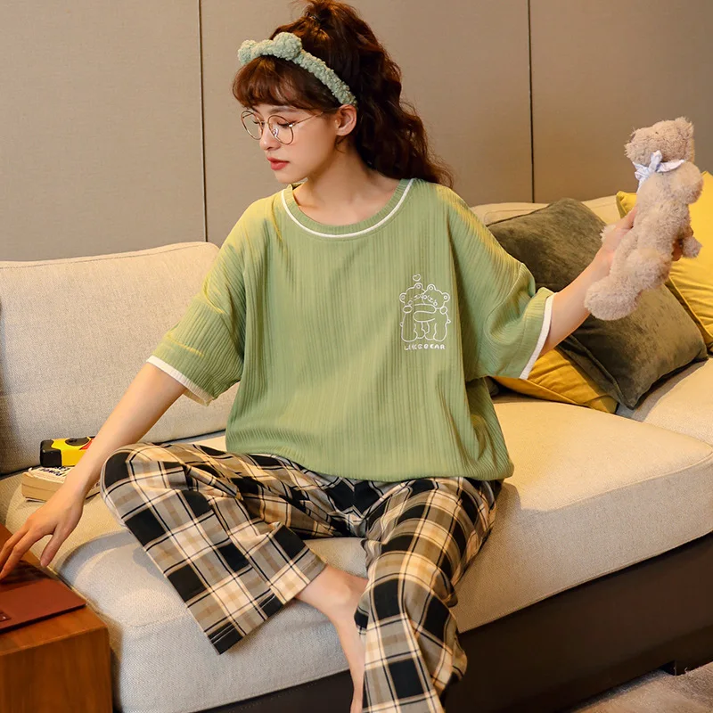 Summer Women's Thin Cotton Pajamas Round Neck Short Sleeve Pants Cute Cartoon Home Clothing Set Sweet Girls Oversized Sleepwear