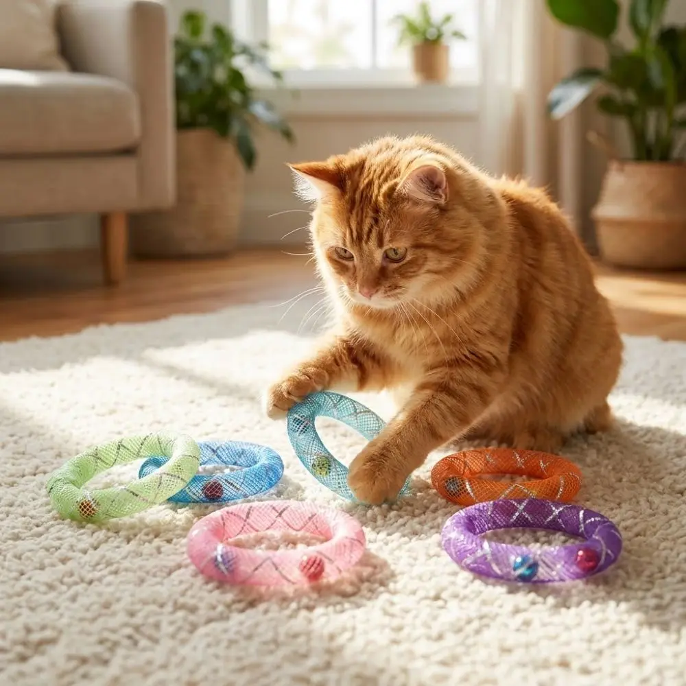 5er-Set Glocken-Kreisglocken für Katzen: Weiche, bissfeste, interaktive Katzenspielzeuge mit bunten Federn und Gitterrohr – Detail 7
