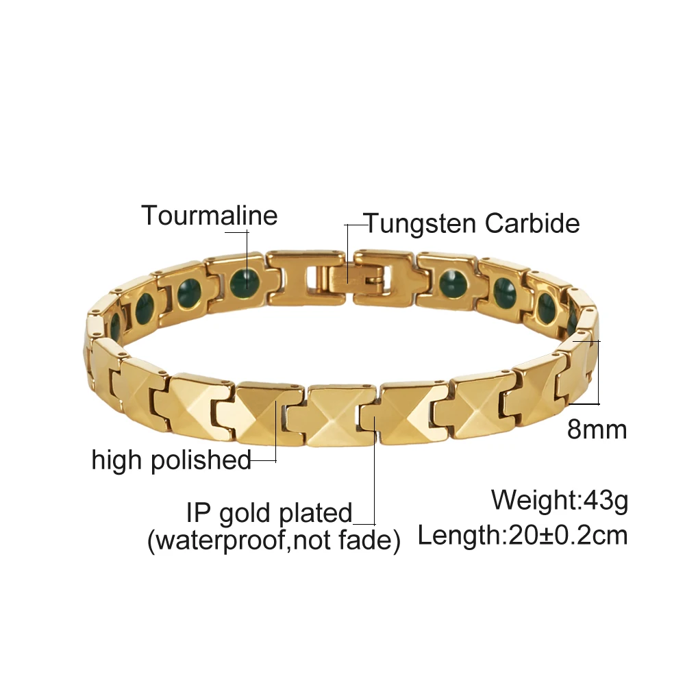 Vinterly Anti-scratch Tungsten Carbide Bracelet Men Green Tourmaline Health Benefits Gold-color 20/21cm Jewelry Waterproof