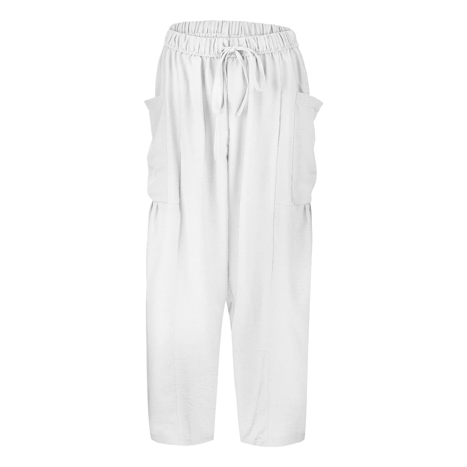 Frauen lose Baumwoll Leinen Mischhose mit Taschen 2024 Sommer hohe Taille Kordel zug Baggy Hose weites Bein gerade lange Hose