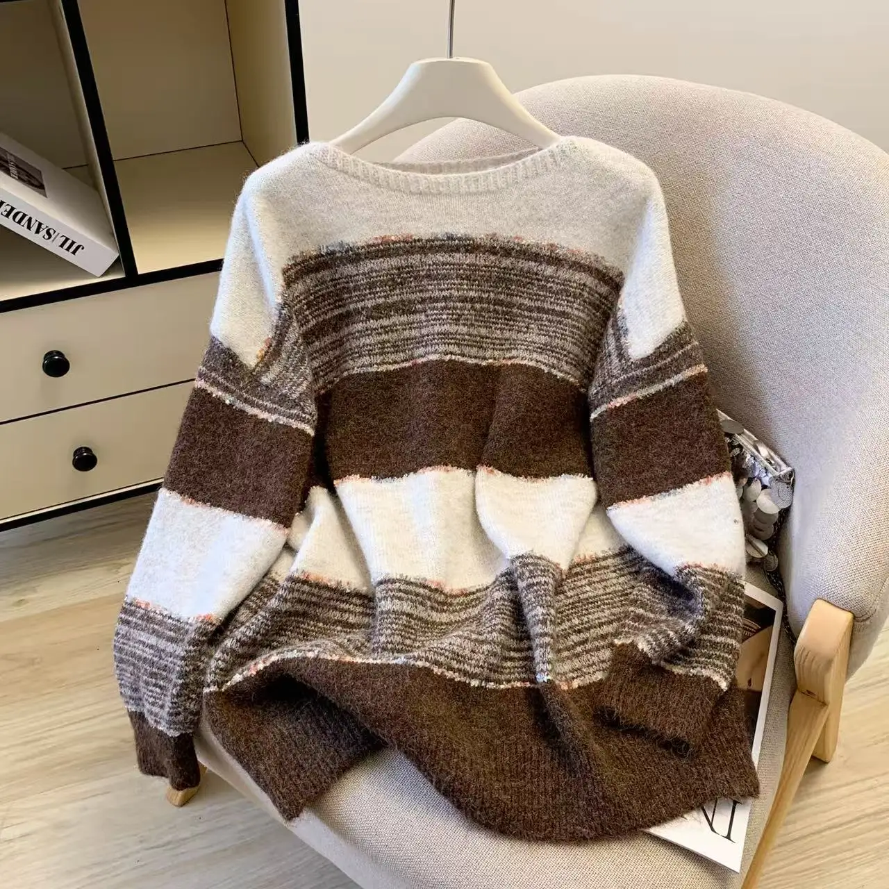 

Женский пуловер в коричневую полоску, свитер Y2k, винтажный джемпер 2000-х годов, трикотаж с длинными рукавами, корейский мягкий уютный свитер, осень-зима 2025