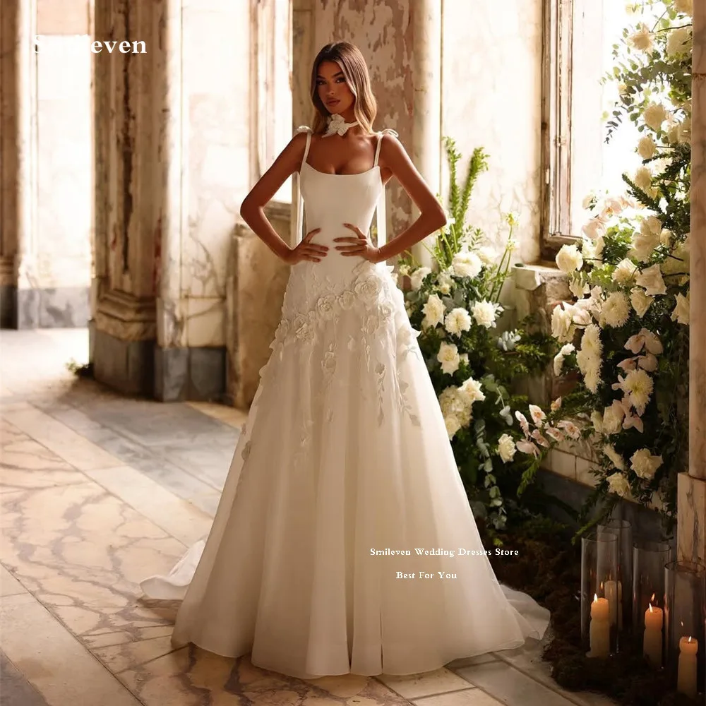 

Smileven 3D Flowers Lace Wedding Dress Bows Spaghetti Strap Bride Dresses A Line Robe De Mariee Wedding Gowns Customized