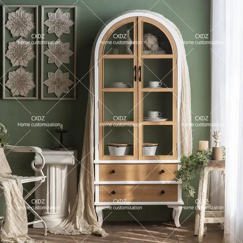 Retro Solid Wood Bookcase Tall Wall Cabinet Single Storage Unit Arched Locker for Home Hotel Entrance Hallway Decor