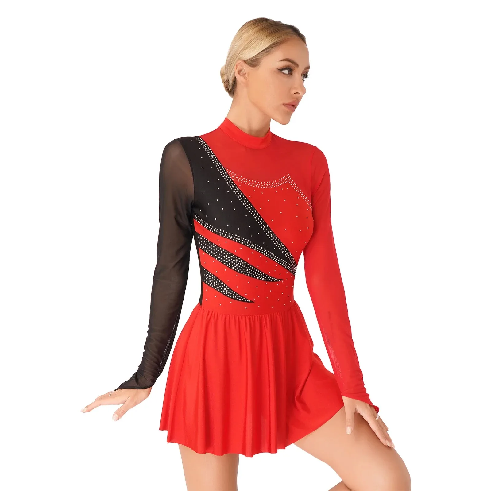 Womens Gymnastics Artistic Figure Skating Dance Performance Costume Glittery Rhinestone Leotard Dress Sheer Mesh Cutout Dress