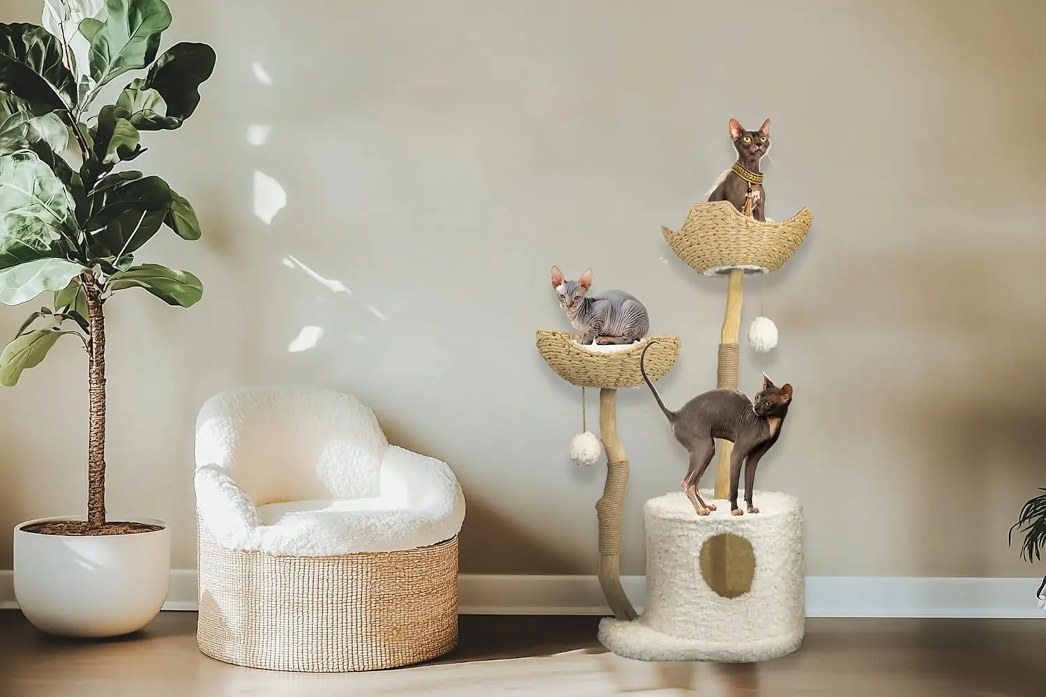 Cat-Tree Tower  Modern Cat Furniture  Real Wood Branch Scratching Post  Large Cat Condo  Multi-Cat Perch  White  46”