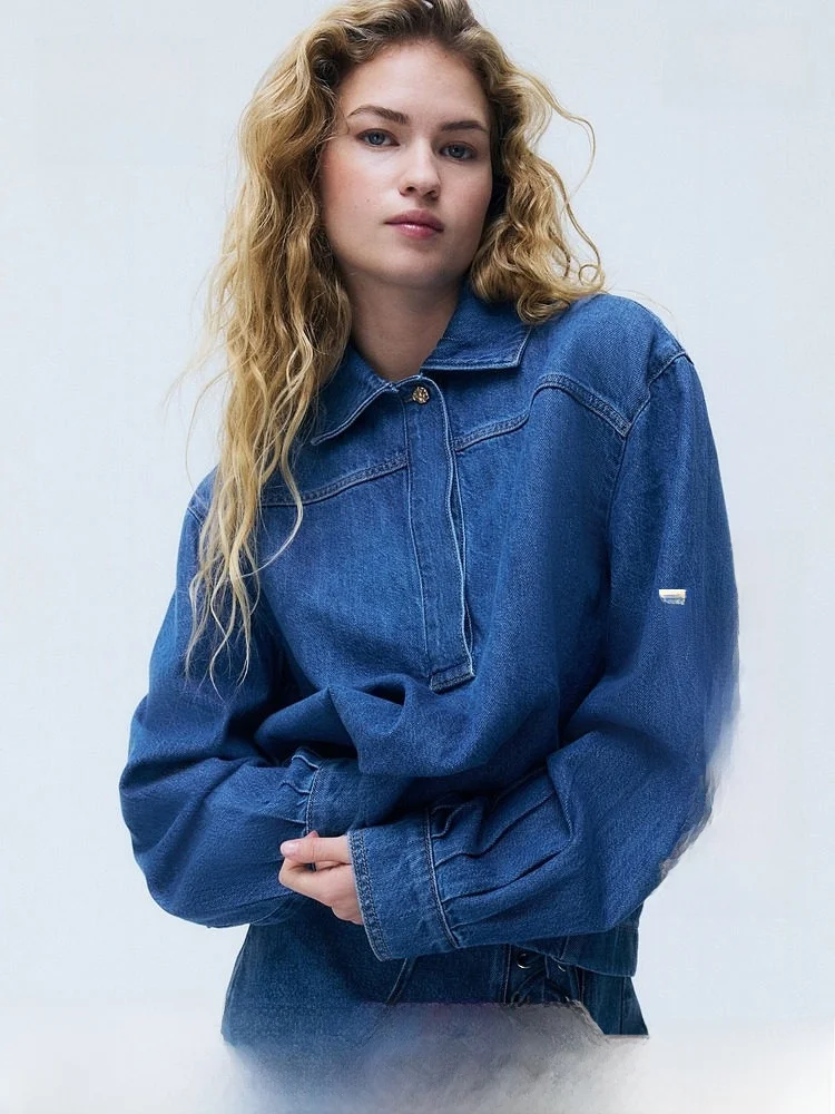 

H&M Women's Classic Denim Shirt Summer 2026 Fashionable Overhead Washed Cotton Long Sleeve Button up Casual Style 1313428