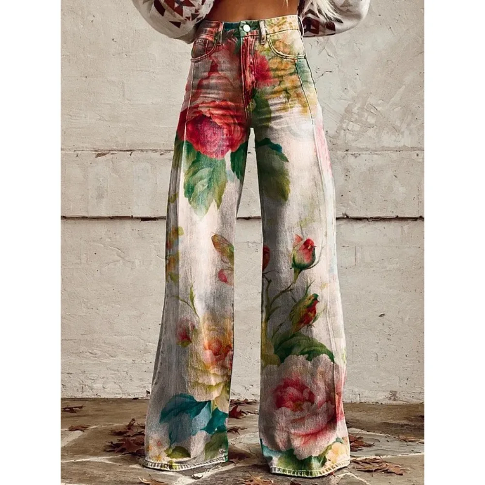 Damen Boho Blumenmuster High-Waist Weite Hose Retro Y2K Western Lässige Loose-Fit Hose mit Taschen Sexy Mädchenhafte Streetwear – Detail 6