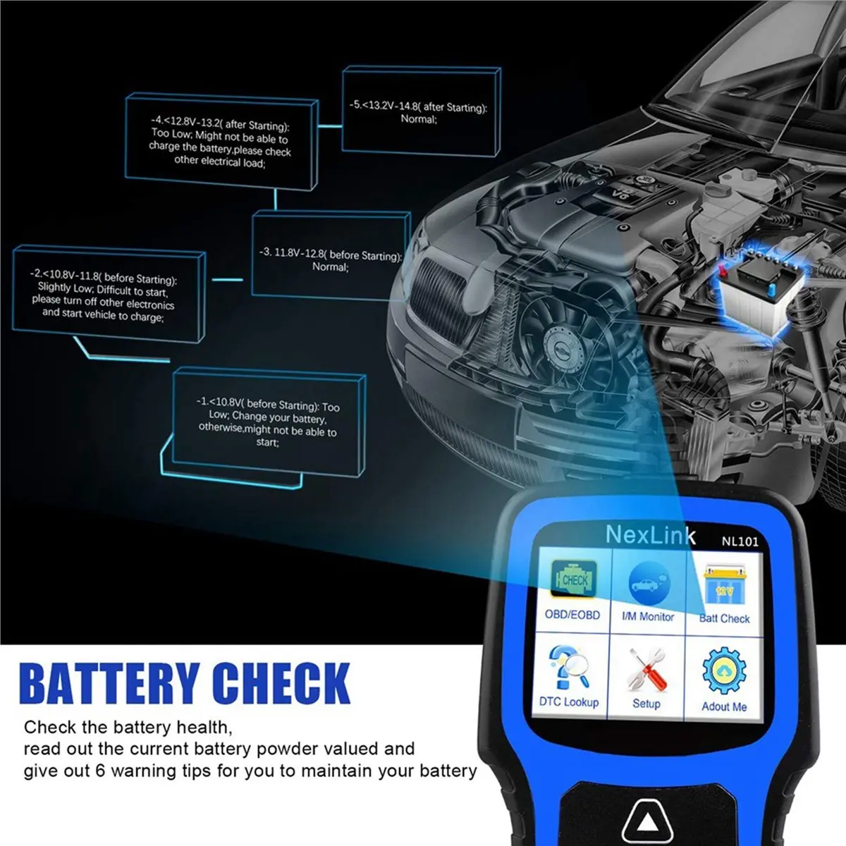 【dt56】nl101-obd-scanner-eobd-code-reader-with-battery-tester-check-engine-code-reader-24''-screen-for-car-light-duty-vehicles