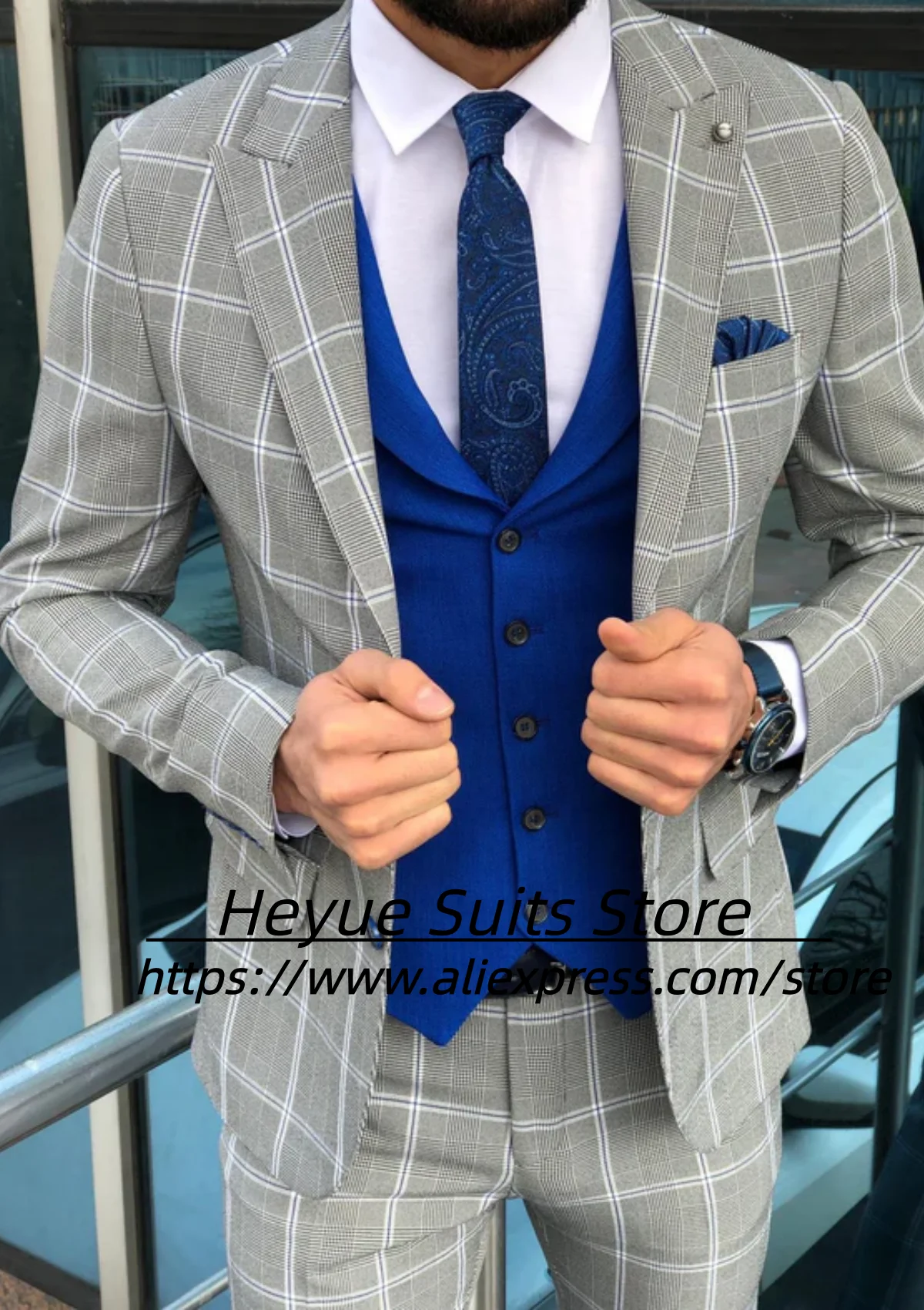 

Office Work Plaid Men Suits Customized Slim Fit Peak Lapel Groom Tuxedos 3 Pieces Sets Male Party Blazers trajes para hombre