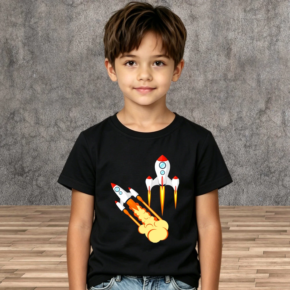 Premium Cotton Boys Tees Cartoon Rocket Print Kids Summer Short Sleeve Clothes