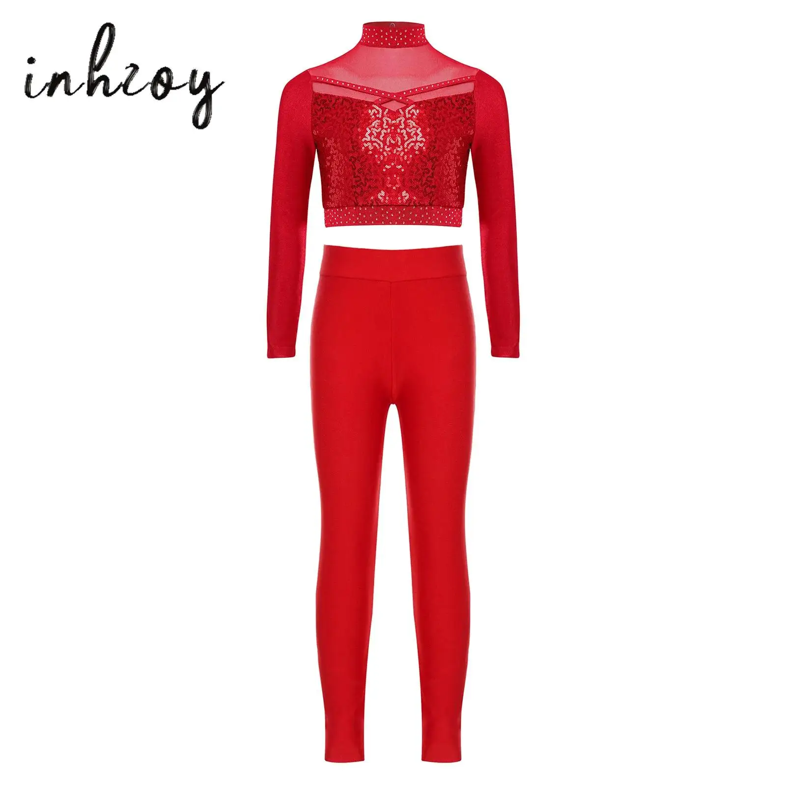 

Kids Girls Gymnastics Ballet Leotards Dance Outfit Performance Costume Long Sleeve Mesh Sequins Crop Top with Leggings Dancewear