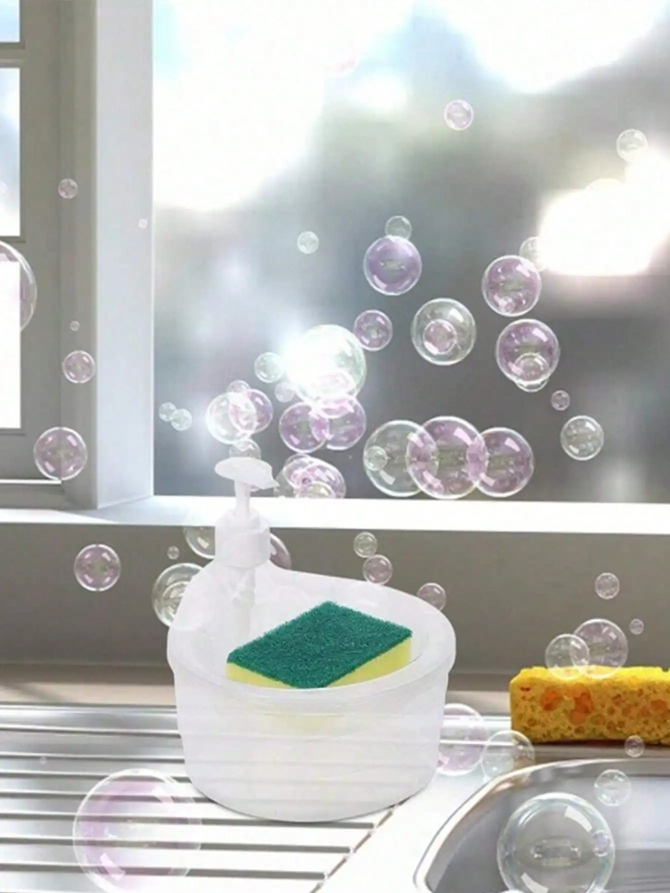 1 Manual Squeeze Bottle with Automatic Refill Dispenser, Kitchen Cleaning Tool, Kitchen Storage Solution, Suitable for Kitchen Sinks, Bathroom Decor, Fall Decorations, and Back-To-School Season, Includes Sponge Brush Set and Large Capacity Dish Soap Dispenser