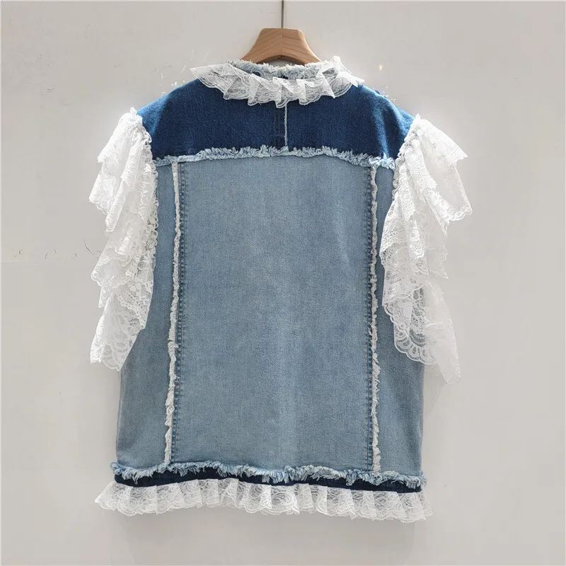 ANJY Spring Summer New Women Fashion Embroidered Flares V-Neck Denim Patchwork Lace Ruffles Design Niche Stylish Waistcoat A7745