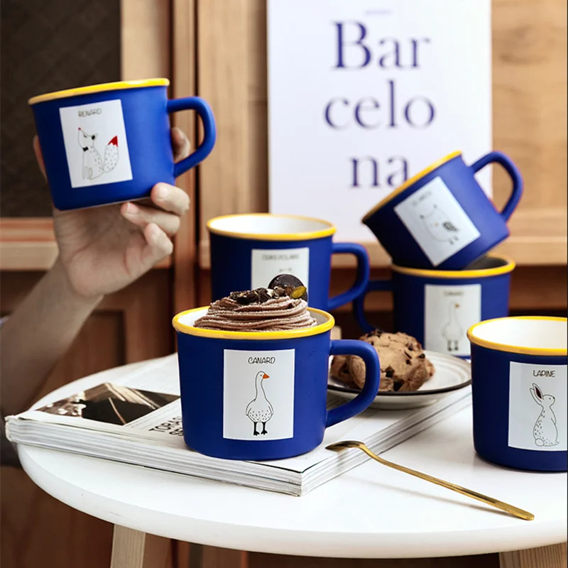 

Ceramic Mug Korean Cartoon Animal Cup Klein Blue Tea Mug Coffee Large Capacity Porcelain Breakfast Cup Home Drinking Utensils