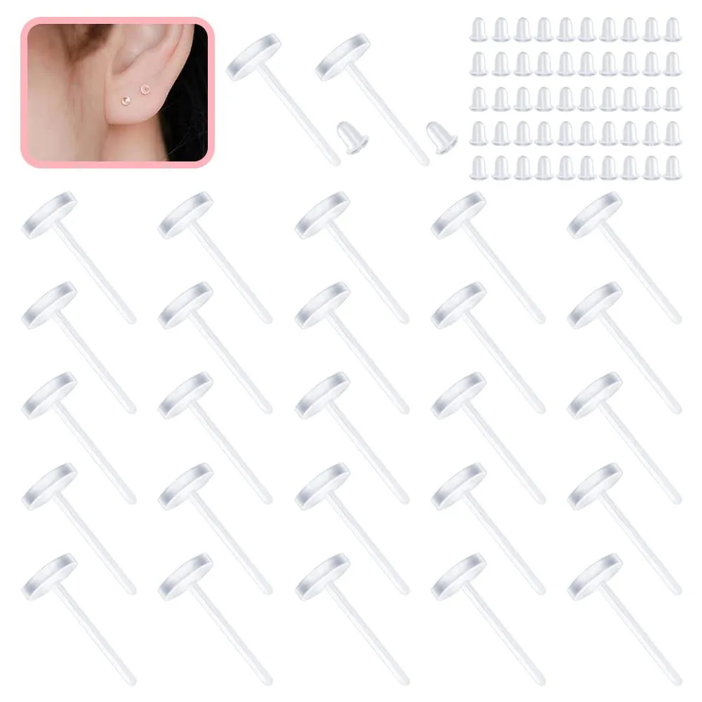 Clear Earring Studs 3mm Invisible Plastic Blank Pins Earrings Posts Rubber for Sports Surgery and Sleep (200 pieces/100 Pairs)